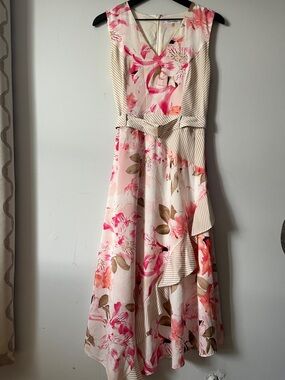 Calvin Klein Ruffled Asymmetrical Floral Midi Dress with Waist Tie Size 8